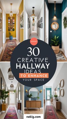 the hallway is decorated in bright colors and has an orange, blue, yellow and white rug