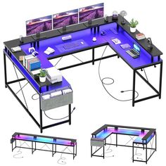 a computer desk with multiple monitors and keyboards