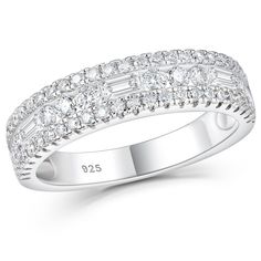 a white gold wedding ring with three rows of diamonds