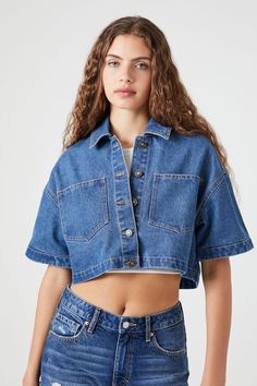 Boxy Cropped Denim Jacket Cotton Cropped Jacket With Button Closure, Cropped Cotton Jacket With Button Closure, Spring Cropped Denim Top With Pockets, Medium Wash Short Sleeve Denim Jacket For Summer, Cropped Denim Blue Denim Jacket For Summer, Trendy Short Sleeve Denim Jacket For Summer, Cropped Denim Blue Jacket For Summer, Summer Cropped Denim Blue Jacket, Cotton Cropped Jacket