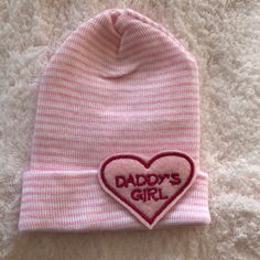 Hospital Medical Grade Hat/Heart-Daddy’s Girl! Size Newborn! Hand Wash-Air Dry! Cute Cotton Hats For Birthday, Cute Cotton Birthday Hats, White Adjustable Beanie For Babies, Trendy White Warm Hats, Trendy Warm White Hat, Playful Cotton Hat For Gift, Playful Cotton Hats As Gifts, Playful Cotton Hat, Pink Cotton Hat Gift