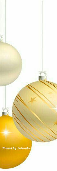 three christmas ornaments hanging from strings with white and gold decorations on them, all in different colors