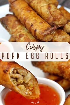 crispy pork egg rolls on a plate with dipping sauce