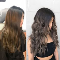 Ash Brown Hair On Dark Hair, Dark Ash Tone Hair, Ash Brown Before And After, Ashy Bronde Balayage Black Hair, Brassy Hair Transformation, Brassy To Ashy Brown, Ashy Brown Balayage On Black Hair, Brown Silver Balayage, Dark Toner For Brown Hair