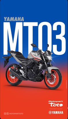 the yamaha mt03 motorcycle is shown in red, white and blue