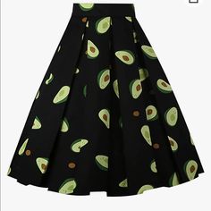 Nwot Vintage Avocado Pleated A-Line Skirt. Fun, Eye Catching Avocado Print. Front Pockets Midi Length Zipper Closure High Rise Comfortable Cotton Material Never Worn Length Approximately 23.5" Waist Approximately 14" Retro Black A-line Skirt, Vintage High Waist Black Skirt, Black A-line Retro Skirt, Black Vintage Skirt For Summer, Retro Black Flared Skirt, Vintage Black Skirt For Summer, Black Retro A-line Skirt, Retro Black Skirt, Retro Black Skirt For Spring