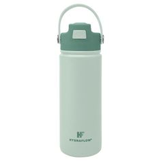 a white and green water bottle on a white background