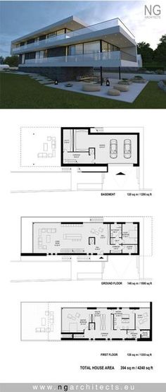 the floor plan for a modern house with two levels and three floors, including an open living