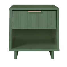 a green nightstand with an open drawer