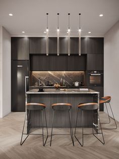 a modern kitchen with black cabinets and stools