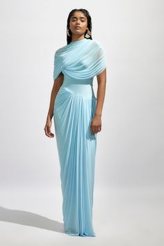 Blue maxi dress with fully cascading draped top-bottom and adorned with intricate pleated drapes detailing. - Aza Fashions Baby Blue Maxi Dress, Draped Sleeves, Designer Maxi Dress, Maxi Dress For Women, Blue Maxi Dress, Draped Top, Blue Maxi, Pleated Maxi Dress, Lingerie Outfits