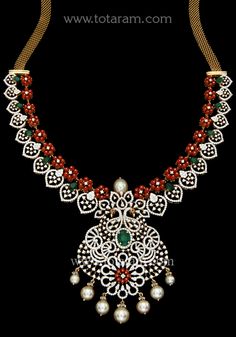 18 Karat Gold Diamond 'Peacock' Necklace with Corals, South Sea Pearls & Color Stones
  This Product has Inter Changeable Stones in the Necklace  
               - 235-DN291 - in 95.700 Grams for USD $13812.99. 
Made in India by Totaram Jewelers Online this product is in Gold - 18 Karat Gold  & is an excellent gift for Adult - Women. Ships fully insured with secured guaranteed delivery for free with your order over $250 from New Jersey USA & comes with 30 days exchange policy. Diamond Jewlery, 22 Carat Gold Jewellery, Indian Wedding Jewelry Sets, Peacock Necklace, Diamond Necklace Designs, Color Stones, Indian Wedding Jewelry, South Sea Pearls, Sea Pearls