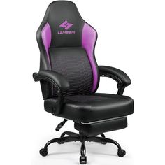 a black and purple office chair with the word lazer on it's back