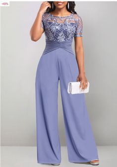 The ROTITA Lace Dusty Blue Long Round Neck Jumpsuit features a delicate lace design with a sophisticated dusty blue hue. Its long silhouette and round neck create an elegant and timeless look, perfect for any formal event Wide Leg Jumpsuit Formal, Jumpsuit Formal Wedding, Jumpsuit For Wedding Guest, Pant Outfits, Classy Jumpsuit, Trendy Jumpsuit, Long Jumpsuit, Wedding Jumpsuit, Formal Jumpsuit