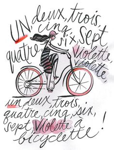 a drawing of a woman riding a bike with words written on the front and back