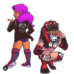 two cartoon characters, one with purple hair and the other wearing black