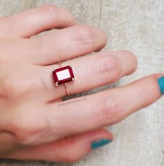 Ruby Rectangle Ring, Ruby Square Ring, Ruby Ring With Rectangular Stone For Anniversary, Red Emerald Cut Birthstone Ring, Emerald Cut Red Birthstone Ring, Rectangular Ruby Ring Gift, Red Emerald Cut Birthstone Promise Ring, Rectangular Ruby Ring For Gift, Rectangular Red Ruby Ring