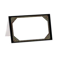 a blank card with an art deco border in black, gold and white on the front