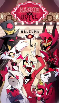 an image of cartoon characters in front of a welcome sign