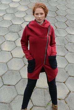 "Hooded Coat, Red Women Hoodie, Big Hood Hoodie Express Shipping to the USA, UPS Courier for free Delivery 3-5 Business Days Thanks for your love for the Hoodie/Tunic/Coat ♥ A short characteristic of this product... We present you a great asymmetrical sweater / jacket with a slightly longer front and a shorter length. The shirt has a unique shape and pattern, perfectly adhering to the silhouette. It has comfortable pockets that will fit all your trinkets, as well as a comfortable and large hood. Red Fleece Hooded Jacket With Adjustable Hood, Red Fleece Hooded Jacket, Red Cotton Winter Hoodie, Urban Red Long Sleeve Hooded Jacket, Red Cotton Outerwear With Drawstring Hood, Red Hoodie With Drawstring, Red Winter Sweatshirt With Kangaroo Pocket, Red Urban Hooded Jacket For Winter, Cozy Red Hoodie Outerwear