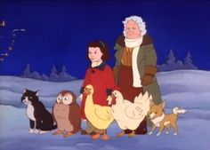 an old man and woman standing in the snow surrounded by chickens, ducks, and cats