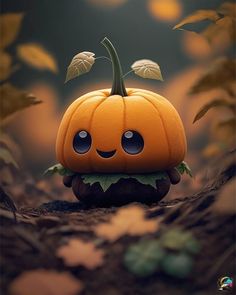 a small pumpkin sitting in the middle of leaves