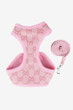 Luxury Designer Pink Gucci Monogram Inspired Harness and Leash Set Pink Dog Collar And Leash, Pink Dog Outfits, Pink Puppy Accessories, Cute Harness For Dogs, Pink Dog Clothes, Pink Dog Harness, Luxury Pet Accessories, Pink Dog Stuff, Pink Dog Accessories