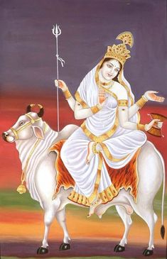 a painting of a woman riding on the back of a cow with an arrow in her hand