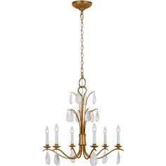 an antique brass chandelier with clear glass drops