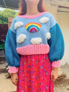 Chunky Cloud Sweater Crop Knitted Sweater Kawaii Clothes for - Etsy Cloud Sweater, Gender Free, Womens Pullover Sweaters, Handmade Sweater, Rainbow Sweater, Cropped Knit Sweater, Free Fashion, Chunky Cardigan, Sweater Crop