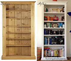 before and after shots of a bookcase