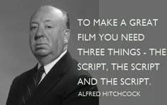 a man in a suit and tie with a quote about the great film you need