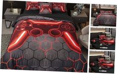 a bed with red and black designs on it, including two video game controller pillows