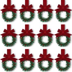 twelve christmas wreaths with red bows and holly berries on them, all tied together