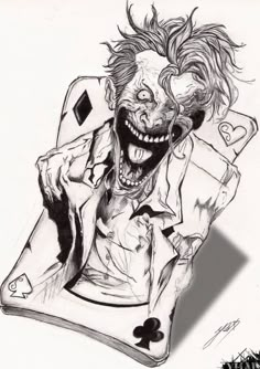 a drawing of a joker holding a card in his hand and smiling at the camera