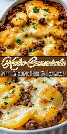 A top-down view of Hobo Casserole with golden potatoes, melted cheese, and seasoned beef. Easy Hobo Casserole, Ground Beef Potatoes Recipes, Hobo Casserole Ground Beef, Ground Beef And Potato Recipes, Potatoes And Ground Beef, Hobo Casserole, Ground Beef Potatoes, Casserole With Ground Beef, Beef Potatoes