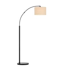 a black floor lamp with a white shade on it's head and an oval base