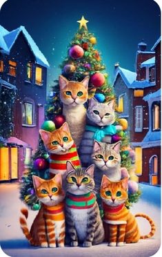 a group of cats sitting in front of a christmas tree