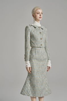 Loretta Cropped Button Tweed Jacket | MEAN BLVD Pant Suit Women, Tweed Midi Skirt, Hedda Gabler, Pleated Neck, Trumpet Silhouette, Tweed Pants, Office Suit, Wool Top, Suit Women