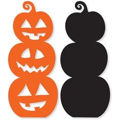 two pumpkins with faces cut out from the top and bottom, one is black