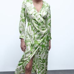 Zara Printed Midi Dress Ecru Green Long Sleeves Size L, Xl Available Nwt Measurements Of Size L Listed Here. White Floral Print V-neck Wrap Dress, Elegant Printed Green Midi Dress, Elegant Green Printed Midi Dress, Zara Green Floral Print Maxi Dress, Elegant Printed Wrap Dress For Spring, Elegant Green Floral Print Wrap Dress, Spring White Midi Length Wrap Dress, Green Long Sleeve Wrap Dress For Spring, Green Wrap Dress For Spring Garden Party