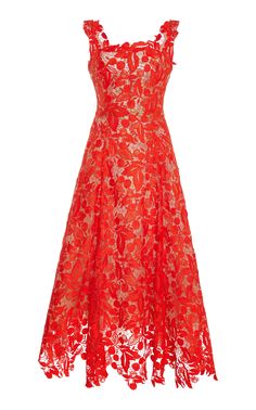 Oscar de la Renta - Floral Guipure Midi Dress - Red - US 14 - Only At Moda Operandi Red Midi Dress, Moda Operandi, Dress Outfits, Midi Dress, Clothes For Women, Floral, Red, Dresses, Oscar De La Renta