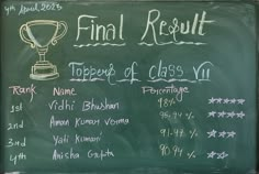 a chalk board with writing on it that says final result trophies of class vi and toppers of class v