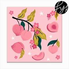 a pink card with peaches and leaves on it