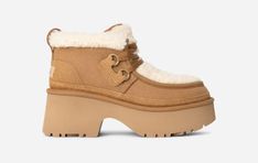 This is *the* perfect city shoe for you. Just hear us out. The curly sheepskin and UGG®plush lining provide comfort, while its lace-up and platform silhouette add height to your everyday style. | Suede, 10mm curly sheepskin upper. 17mm curly UGG®plush 60% upcycled wool, 40% TENCEL Lyocell vamp lining. 17mm UGG®plush 60% upcycled wool, 40% TENCEL Lyocell sockliner. Foam footbed. Sugarcane EVA outsole. Textile binding made from 100% recycled polyester fibers. 2.75 inch platform height. Nubuck heel Ugg Classic, Classic Boots, Real Fur, Boots For Sale, Womens Uggs, Everyday Style, Chestnut, Everyday Fashion, Binding