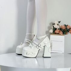 Customized Product. is not eligible for return. Ship In 15-45 Days.Fabric Material: PuColor: Pink. Blue. Black. Beige. RoseHeels Height: 9cm/3.55" White Synthetic Mary Jane Heels, White Chunky Platform Heels With Round Toe, White Heels With Chunky Platform And Round Toe, White Pointed Toe Mary Jane Heels, White Mary Jane Heels With Pointed Toe, White Patent Leather High Heels, White Mary Jane Heels For Party, White Platform Heels Ankle-high, White Platform Heels With Pointed Toe