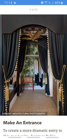 a room with black curtains and gold trim