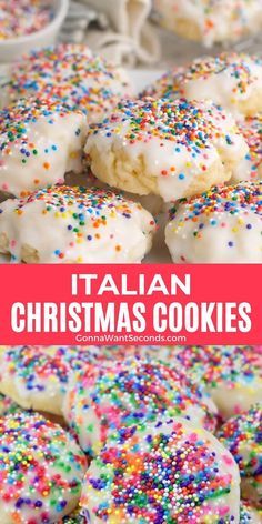 italian christmas cookies with white frosting and sprinkles on a plate in the background