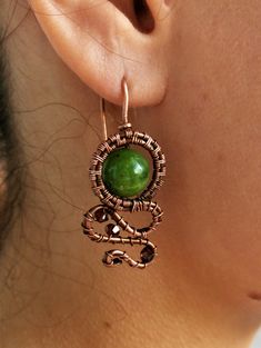 Nephrite Wire Wrapped Copper Earrings with Swarovski Crystal by OlgaGrassJewelry on Etsy Green Jade Earrings With Natural Stones, Green Jade Earrings For Pierced Ears, Unique Nickel-free Green Jewelry, Unique Green Nickel-free Jewelry, Green Adjustable Jewelry With Matching Earrings, Handmade Copper Wire Wrap Earrings As Gift, Unique Wire Wrapped Wrap Earrings As Gift, Adjustable Jade Earrings With Ear Wire, Adjustable Jade Jewelry With Ear Wire