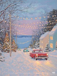 a red car driving down a snow covered road next to a tree filled with lights